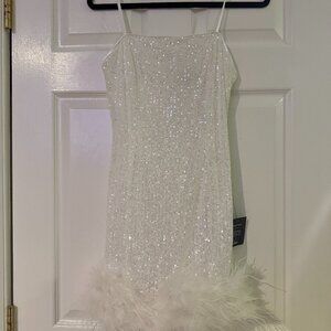 New White Sequin Feather Mini Dress – Size Medium